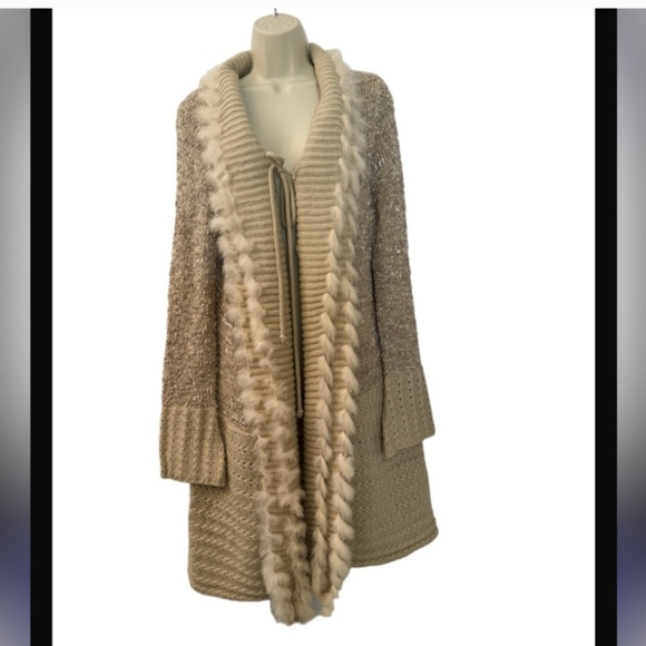 Sioni Sweaters - Rabbit Fur Trim Cardigan Duster Cream Beige Tan Large